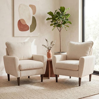 OLIXIS Comfy Accent Chair for Living Room Bedroom and Waiting Room, Upholstered Mid-Century Reading Chair with Pillow and Solid Wood Legs, Wide Singe Modern Lounge Sofa (Beige, 2 Pack)