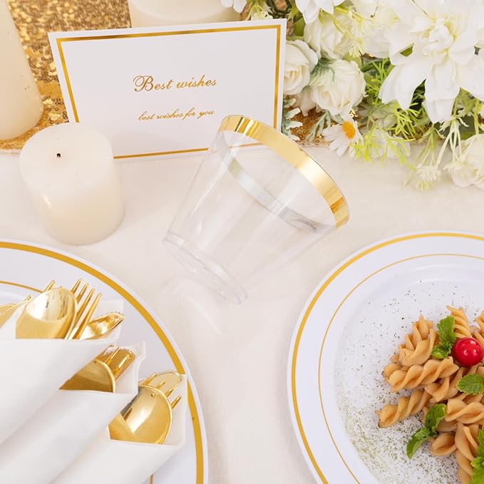 DaYammi 350PCS Gold Plastic Dinnerware Set for 50 Guests, Thanksgiving Plates Disposable, Include: 50 Dinner Plates, 50 Dessert Plates, 50 Pre Rolled Napkins with Gold Silverware, 50 Cups