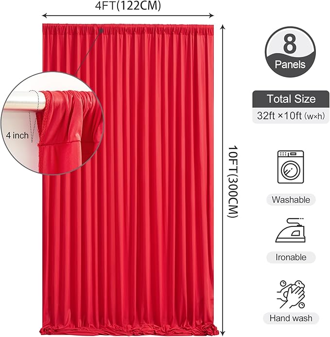 32 x 10ft Red Backdrop Curtains Photo Background Curtains 8 Panels (10'L x 4'W Each) with Rod Pocket, No-Wrinkle Polyester Backdrop Drapes for for Wedding Birthday Party Christmas Prom Dj Set up Event