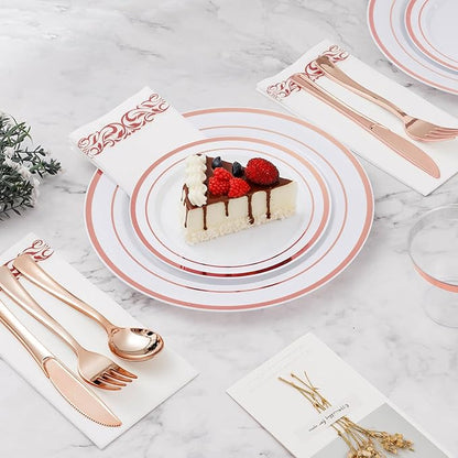 BESTVIP 350PCS Rose Gold Disposable Dinnerware Set for 50 Guests, Plastic Plates for Party, Wedding, Christmas, Halloween, Include: 100 Plastic Plates, 50 Silver Silverware, 50 Cups, 50 Napkins