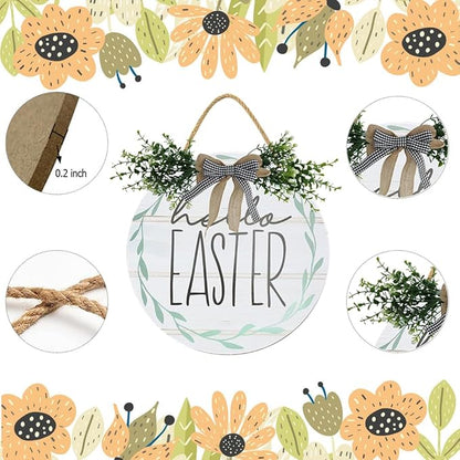 Boylee Easter Wooden Hanging Sign Hello Easter Sign Door Decoration with Bow Rustic Easter Wood Wreath Sign for Easter Spring Holiday Home Coffee Shop Bakery Farmhouse Window