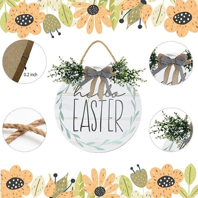 Boylee Easter Wooden Hanging Sign Hello Easter Sign Door Decoration with Bow Rustic Easter Wood Wreath Sign for Easter Spring Holiday Home Coffee Shop Bakery Farmhouse Window