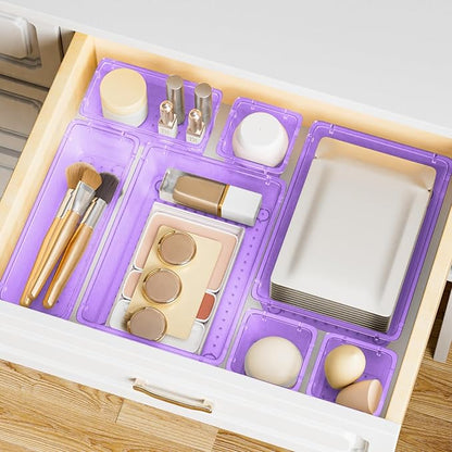 15 PCS Clear Plastic Drawer Organizer Set, 4-Size Acrylic Drawer Storage Trays, Storage Bins for Makeup, Gadgets, and Jewelry in Bathroom, Bedroom and Office, Clear Purple