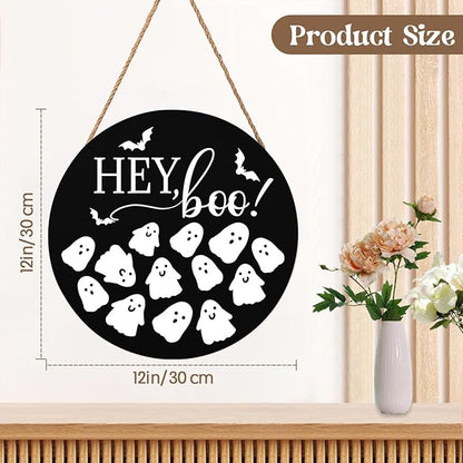 Hey Boo Sign 12x12 Inch Halloween Wreaths for Front Door Halloween Ghost Wood Door Hanger Black Boo Sign Farmhouse Holiday Decorations Wall Hanging Plaque for Trick or Treat Party Inside Outside