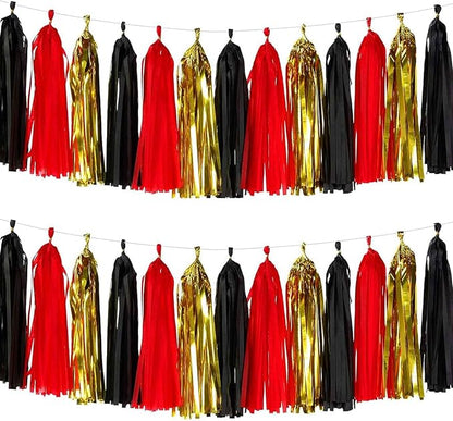 We Moment Black Red Gold Tissue Paper Tassels Party Tassel Garland Banner for Party Decorations, DIY Kits,15PCS