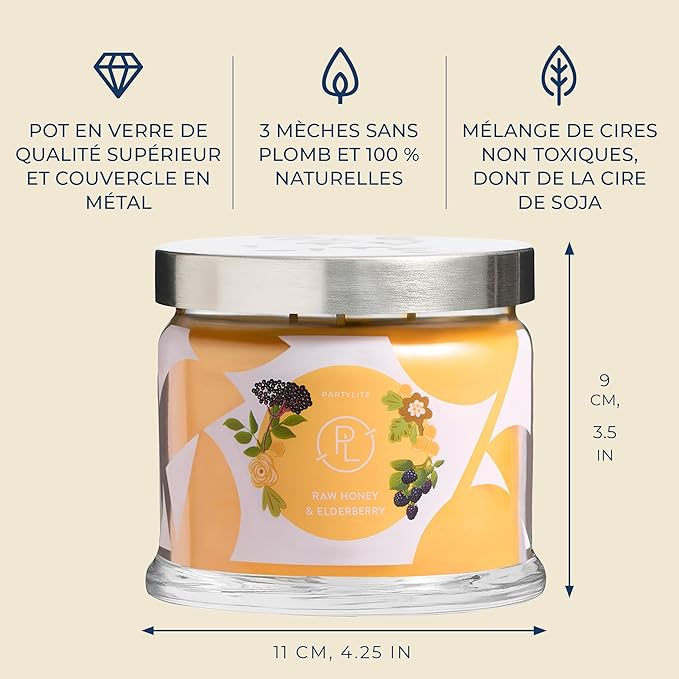 PartyLite Raw Honey & Elderberry Scented, Notes of Alpine Elderflower, Soft Jasmine & Golden Amber, 13.2oz 3-Wick Jar Candle, 45 Hour Burn Time, Luxurious Fragrance, Ideal for Gifting