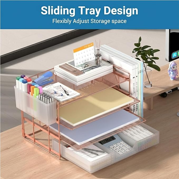 Desk Organizer, 4-Tier Paper Organizer Letter Tray with File Holder, Drawer and 2 Pen Holders, Desktop File Organizer for Office Supplies, Workspace Storage, Rose Gold
