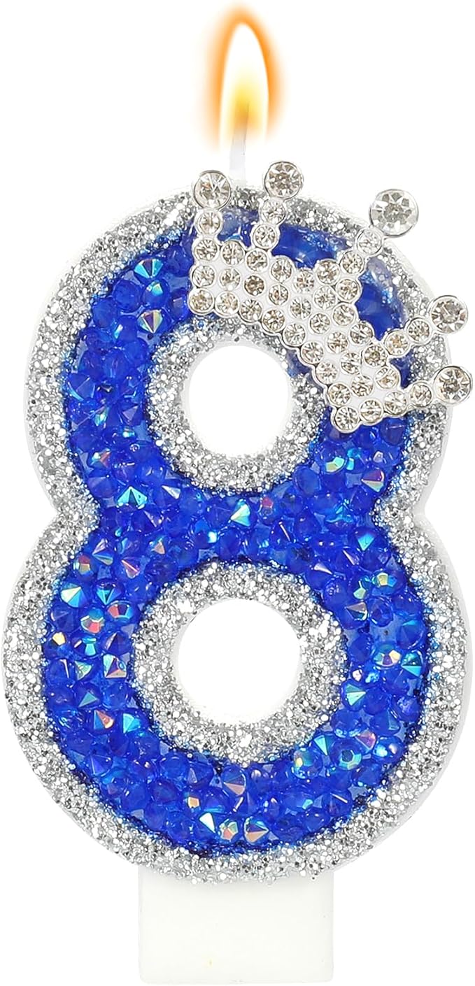 Blue Birthday Candle Crown Number 8 Candle with Sequins Cake Candles Cupcake Decorations Party Decor for Anniversary Celebrations Supplies