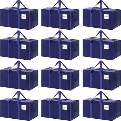 12 Pack Extra Heavy Duty Large Moving Bags with Strong Zipper & Comfortable Handles, Sturdy & Durable Clothes Storage Bags Totes Bins, Packing Moving Boxes for College Supplies, Dark Blue