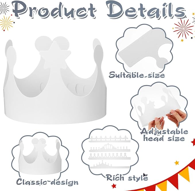 Thenshop 280 Pcs White Paper Crowns for Kids to Decorate Blank Birthday Party DIY Decoration Crowns for Kids Princess Queen(Classic Style)