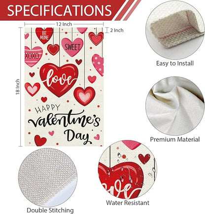 Heyfibro Happy Valentine's Day Garden Flag 12 x 18 Inch Double Sided Burlap,Candy Love Heart Flag Valentine’s Party Supplies for Anniversary Wedding Home Outdoor Decoration (ONLY FLAG)