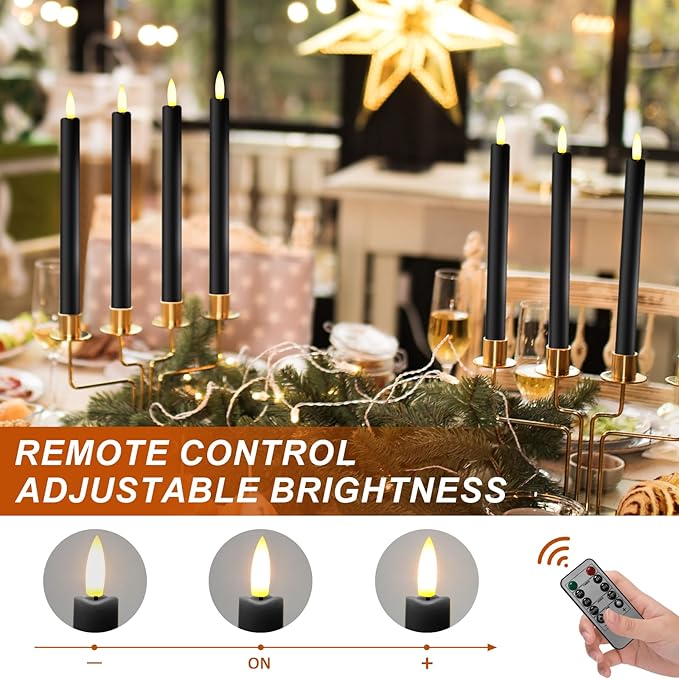 12PCS Flameless Taper Candles with 3D Flickering Flame Battery Operated Candles with 2 Remote with Button Cell Battery 10 Inch Black LED Candlesticks Window Candle for Christmas Home Decor