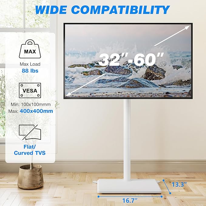 Rfiver Floor TV Stand with Mount for 32-60 inch TVs up to 88 lbs, Swivel Height AdjustableTV Floor Stand, Tall TV Stand with Wood Base, Saving Space Design for Living Room, Bedroom and Corner