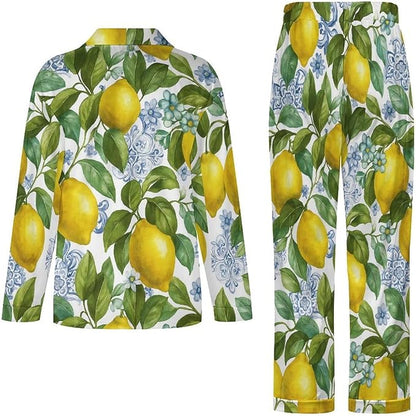 Lemons Leaves Ceramic Style Womens Pajama Set Long Sleeve Pajamas Top And Pants Soft Loungewear Pjs Sets