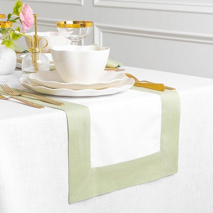 Solino Home Linen Table Runner 108 Inches Long - 100% Pure Linen Sage Green and White Dining Table Runner 14 x 108 Inch for Fall, Autumn, Christmas, Winter, New Year - Contempo