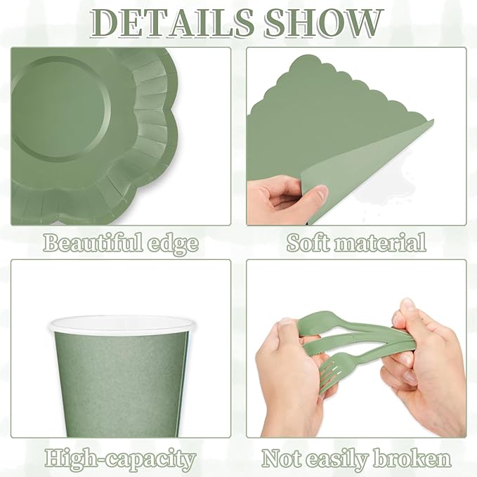 192 Pcs Sage Green Paper Plates And Napkins Set Party Supplies - For 24 Guests Paper Plates And Napkins Knives Spoons Forks Cups - For Baby Shower Bridal Shower Wedding