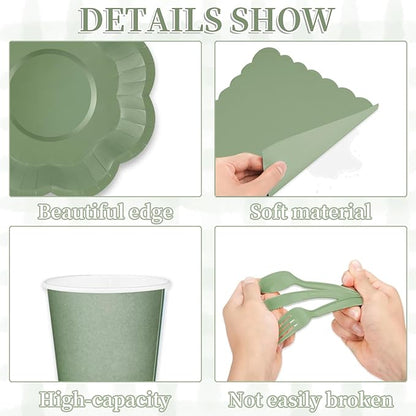 192 Pcs Sage Green Paper Plates And Napkins Set Party Supplies - For 24 Guests Paper Plates And Napkins Knives Spoons Forks Cups - For Baby Shower Bridal Shower Wedding
