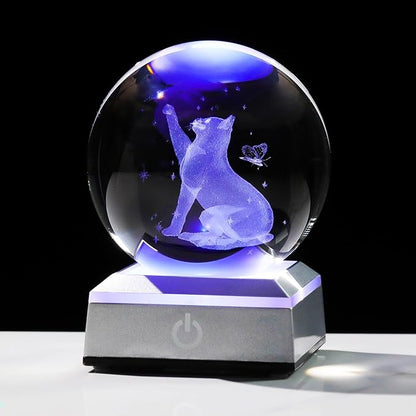 Ornalrist 3.15" Crystal Ball Engraved 3D Cat with Butterfly Figurine Collectible Paperweight with LED Base, Glass Sphere Cat Lover Gifts for Women Men Home Decor