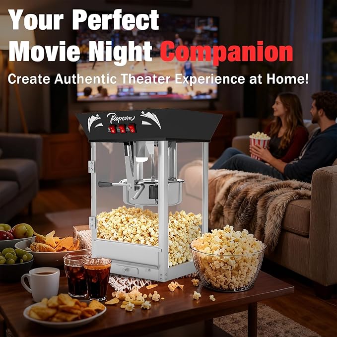 Commercial Popcorn Machine 12Oz with Warming Light, Makes 60 Cups, Theater Style Stainless Steel Popper with Tempered Glass - for Home Theater, Parties & Business, Black