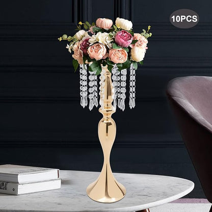 Wedding Centerpieces Gold Vases,10PCS Metal Flower Candle Holder with Sparkling Crystal Beads,Crystal Flower Vase Metal Flowers Stand for Party Tables Decorations (10pcs Gold-Height 21.3)