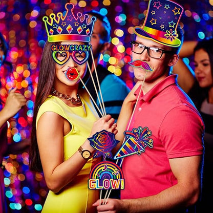 25pcs Glow Neon Photo Booth Props with Sticks | Let's Glow Themed Party Supplies for Birthday, Disco, Black Light & Neon Glow Parties | 25 Designs (Hats, Glasses, Balloons & More)