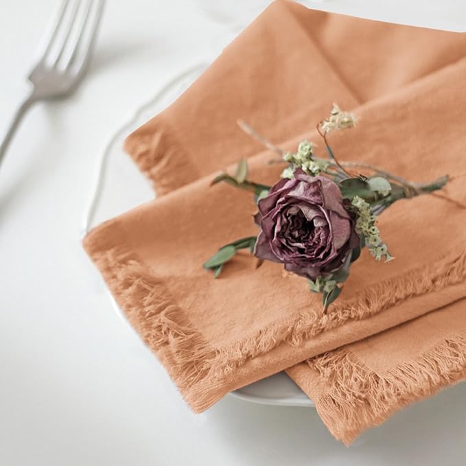 Handmade Cloth Napkins 100% Cotton Napkins with Fringe，Delicate Handmade Cloth Napkins for Dinners, Parties, Weddings and More，18 x 18 Inch Set of 4 - Caramel