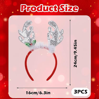 Christmas Reindeer Antlers Headband, 3 PCS Glitter Elk Antlers Hair Bands, Gold Sequin Deer Antler Headwear for Women Girls Xmas Cosplay Costume Hair Accessories Holiday Party Favor Supplies
