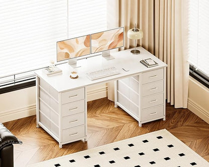 Casaottima 48 Inches Computer Desk with 8 Fabric Drawers, Modern Office Desk with Large Storage for Home Office, Study, White