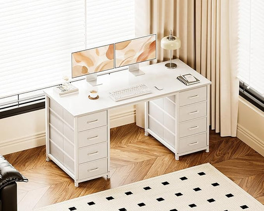 Casaottima 48 Inches Computer Desk with 8 Fabric Drawers, Modern Office Desk with Large Storage for Home Office, Study, White