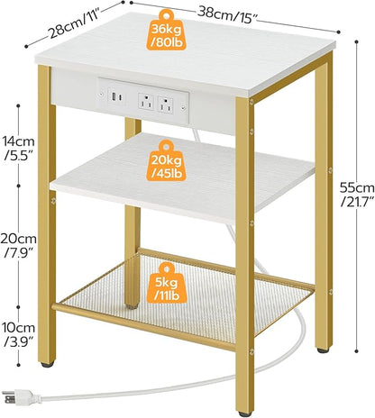 HOOBRO Side Tables Set of 2 with Charging Station and USB Port, Small End Tables for Small Space, 3-Tier Nightstands with Adjustable Shelf, for Living Room, Bedroom, White and Gold DW112BZP201G1