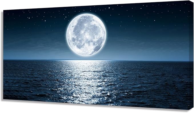 Wall Art Canvas Print Moon Sea Ocean Landscape 1 Panels Full Moon Picture Painting Framed and Stretched Ready to Hang for Living Room Bedroom Office Home Decor Artwork