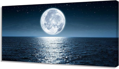 Wall Art Canvas Print Moon Sea Ocean Landscape 1 Panels Full Moon Picture Painting Framed and Stretched Ready to Hang for Living Room Bedroom Office Home Decor Artwork