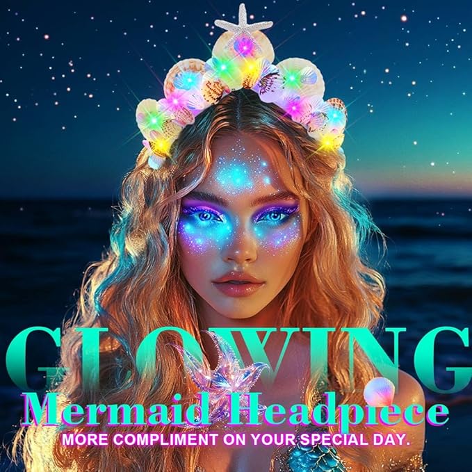 ACEDRE Light Up Mermaid Crown Shell Headband Starfish Costume Hair Accessories for Women