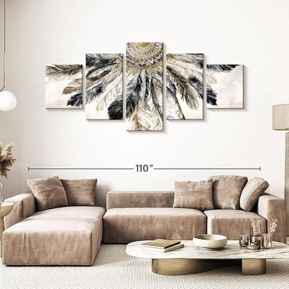 ElephantStock - Necklace Of Feathers Iii Wall Art - Horizontal Multi Panel Canvas - 5 Piece Living Room Wall Decor - Painting Multi Piece Wall Art - Brown And Gray Decor by Eva Watts - 92" x 42"