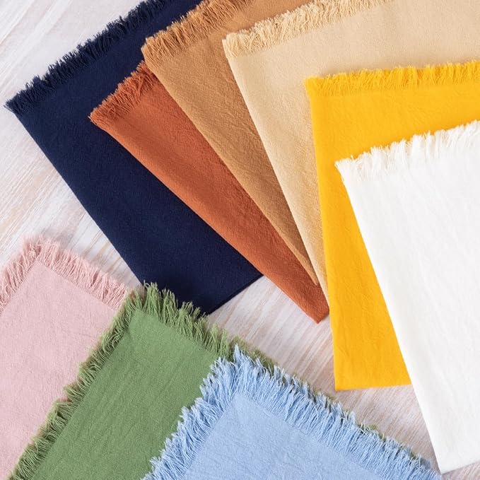 12 Pack Lemon Yellow Cotton Linen Napkins with Fringe Christmas Cloth Napkins Set of 12 Boho Handmade Holiday Napkins Bulk for Wedding Baby Shower Xmas Dinner Table Parties, 17 x 17 Inches