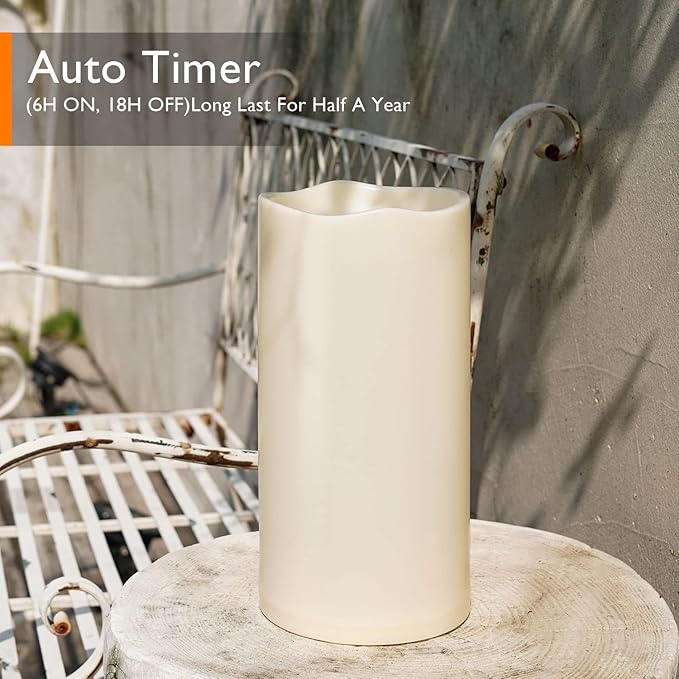 Homemory 6" x 12" Extra Large Outdoor Waterproof Candle with Auto 6-Hour Timer, Ivory Plastic Made, Long Last for Half A Year