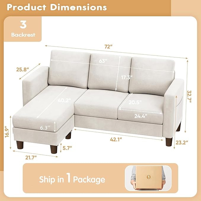 VICTONE Convertible Sectional Sofa Couch, 3 Seat L-Shaped Sofa with Linen Fabric Ottoman Small Couch for Small Apartments, Living Room and Office (Linen Fabric, White)