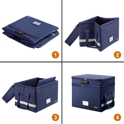 DocSafe File Box with Lock,Multi-Layer Fireproof Document Box Collapsible File Storage Organizer with Pockets/Handle,Large Portable Home Office Filing Safe for Hanging Letter/Legal Size Folders,Blue
