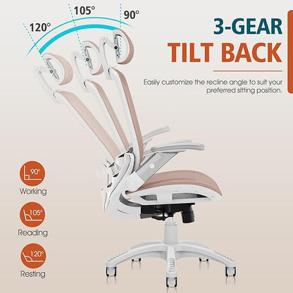 GABRYLLY Ergonomic Office Chair, High Back Home Desk Chair with Headrest, Flip-Up Arms, 90-120° Tilt Lock and Wide Cushion, 300LBS Mesh Chairs for Man Woman, White Task Chair(Pink,GY01WPK)