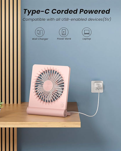 Koonie USB Fan, Strong Wind Ultra Quiet Small Desk Fan 220° Tilt Folding 3 Speeds Adjustable USB-C Powered Personal Fan for Home Office Desktop, Pink, NO BATTERY