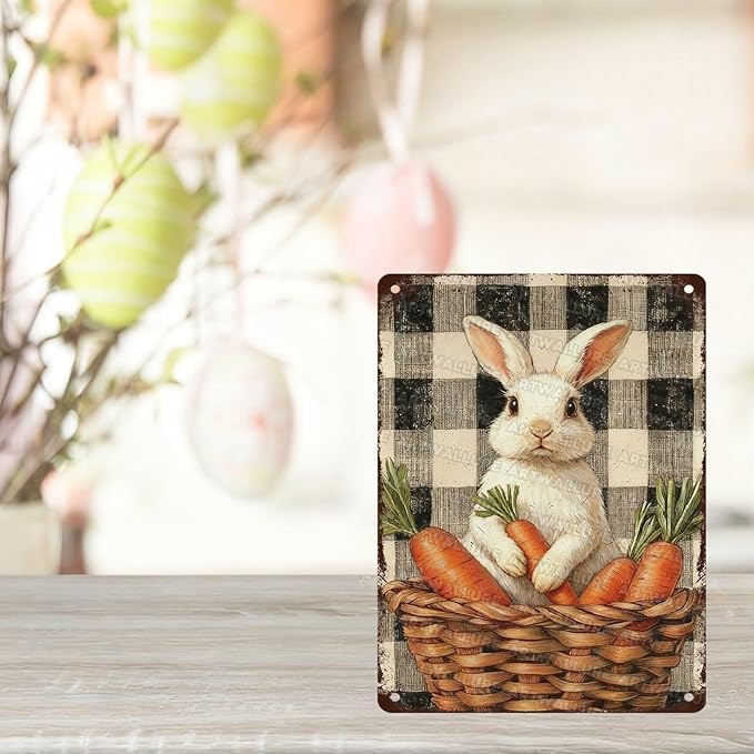 Charming Easter Bunny Metal Sign Vintage Checkered Basket Carrot Design Rustic Country Wall Art For Living Room Kitchen Office Spring Decor 12x16Inch