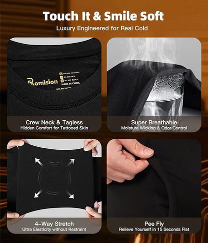 romision 2 Pack Thermal Underwear for Men Long Johns Fleece Lined Hunting Gear Bottom Top Set Base Layer Cold Weather XS-4XL