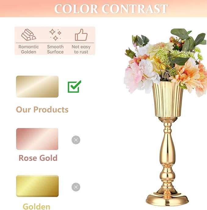 2 Pcs Gold Vase Centerpiece Table Decorations - Metal Tabletop Flower Stand, Wedding Decorations for Reception, 15.6in Trumpet Tall Flower Vase for Birthday, Weddings, Anniversary Ceremony, Home Decor
