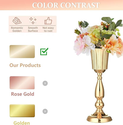 2 Pcs Gold Vase Centerpiece Table Decorations - Metal Tabletop Flower Stand, Wedding Decorations for Reception, 15.6in Trumpet Tall Flower Vase for Birthday, Weddings, Anniversary Ceremony, Home Decor