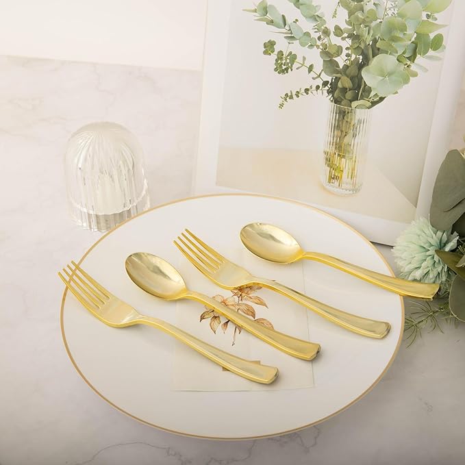 N9R 100PCS Gold Plastic Silverware, Heavy Duty Disposable Cutlery Set for Parties, Disposable Plastic Spoons and Forks Includes 50 Gold Spoons and 50 Forks for Weddings, Birthday, Dinners
