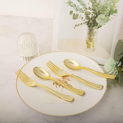 N9R 100PCS Gold Plastic Silverware, Heavy Duty Disposable Cutlery Set for Parties, Disposable Plastic Spoons and Forks Includes 50 Gold Spoons and 50 Forks for Weddings, Birthday, Dinners