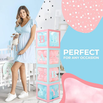 Baby Shower Boxes with Letters – Pink And Blue Boxes with Pink & Blue Balloons – 44-Piece Gender Reveal & Party Decoration Set by Vellax