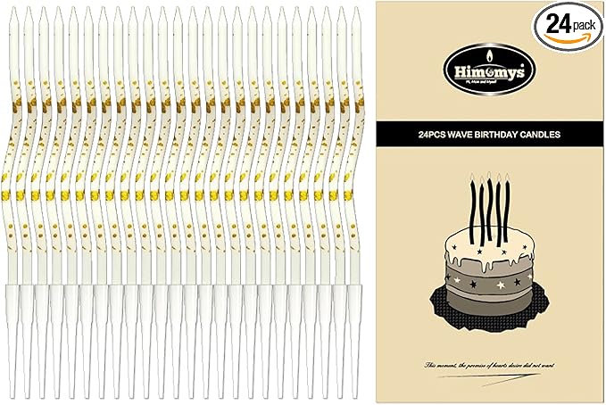 White Spiral Long Thin Birthday Candles for Cake – Metallic Cake Decorations, Happy Birthday Candles with Holders, Long Lasting & Safe (24, White+Gold Spots)