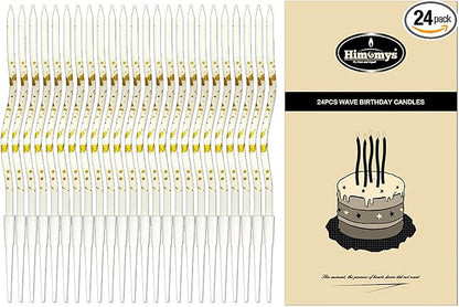 White Spiral Long Thin Birthday Candles for Cake – Metallic Cake Decorations, Happy Birthday Candles with Holders, Long Lasting & Safe (24, White+Gold Spots)