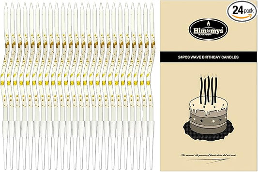 White Spiral Long Thin Birthday Candles for Cake – Metallic Cake Decorations, Happy Birthday Candles with Holders, Long Lasting & Safe (24, White+Gold Spots)